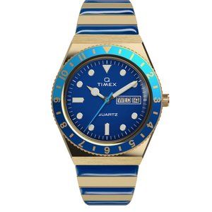 NEW! Q Timex Malibu 36mm Stainless Steel Expansion Band Watch Gold blue